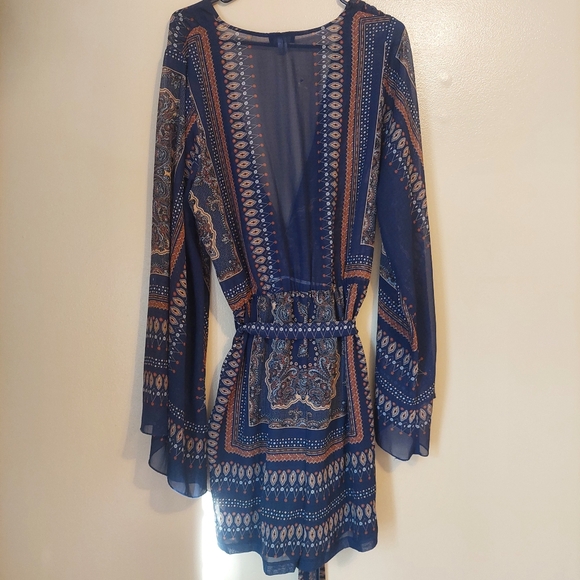 VENUS Blue and Orange Patterned Romper Sheer Belt Boho - Picture 5 of 6